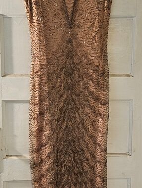 Aidan Mattox Rose Gold Beaded Sequin Pencil Art Deco Style Full-length Dress